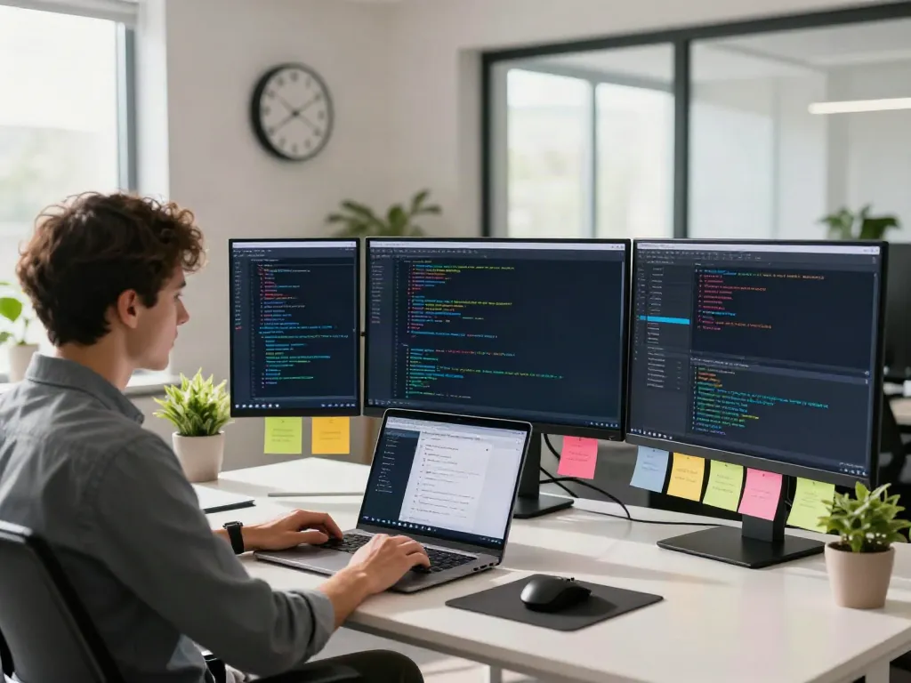 v2rayN官网 developer working efficiently in a modern tech workspace with multiple monitors.